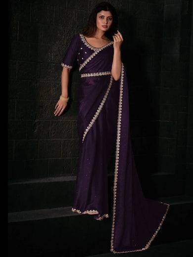 Gorgeous Purple Zircon Work Satin Reception Wear Saree With Blouse